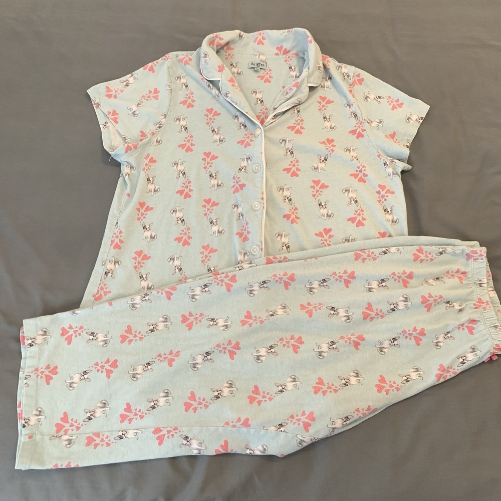 Be PJs Pajama Set Womens XL Mint French Bulldog Heart Print Capri Short Sleeve
